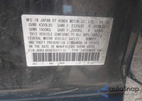 2007 Acura Tsx из США, поврежденный, VIN JH4CL96867C017172